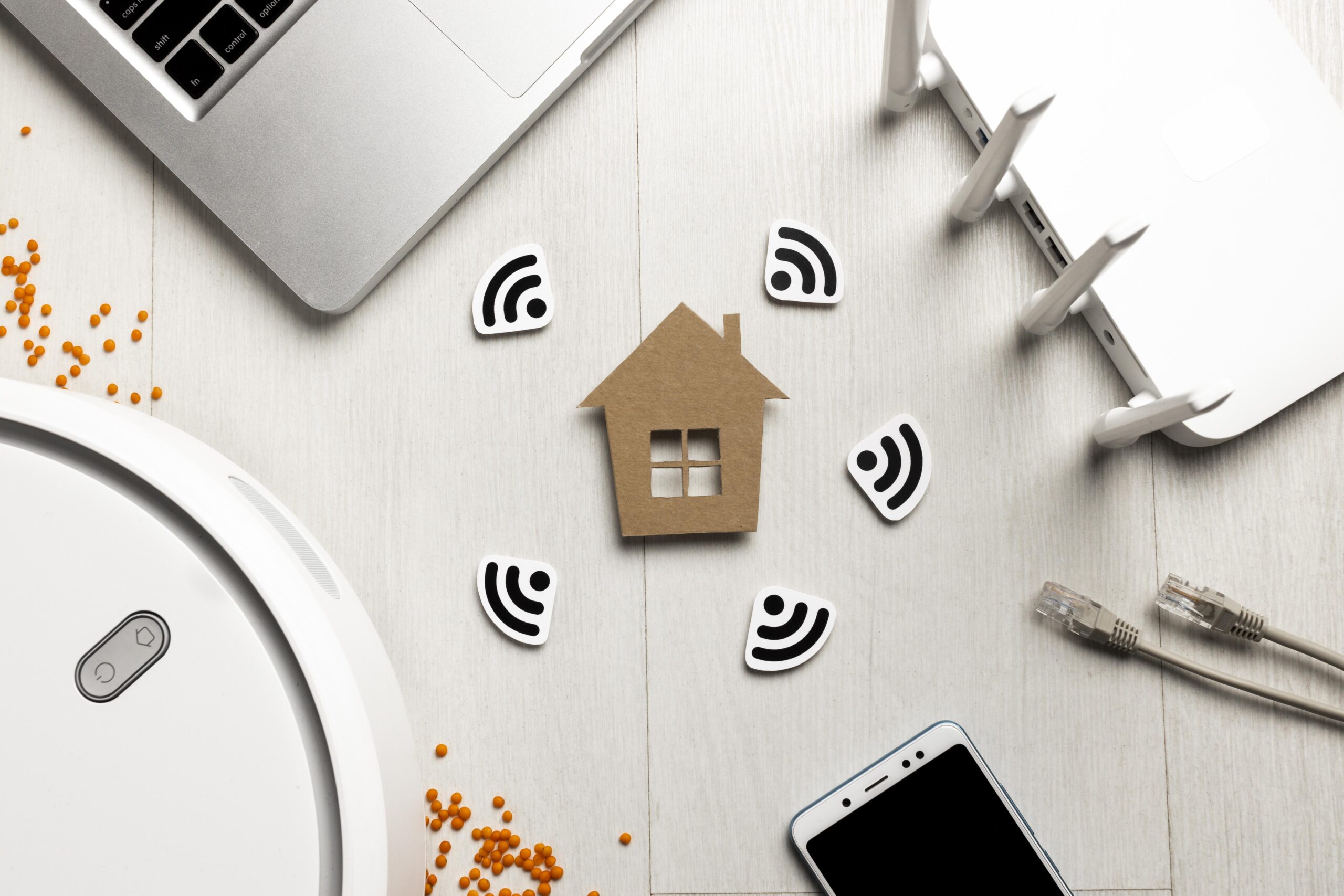 top view wi fi router with house figurine wireless controlled devices scaled